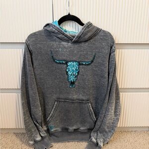 Stylish Gray Hoodie with Blue Skull Design